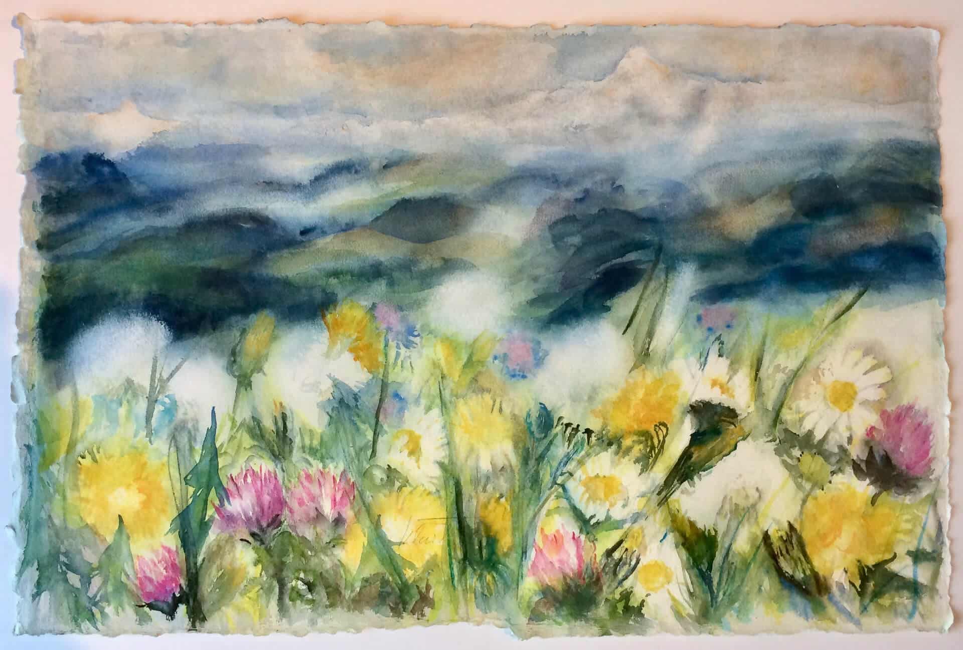 Aquarell einer Frühlingswiese; im Hintergrund der Säntis.